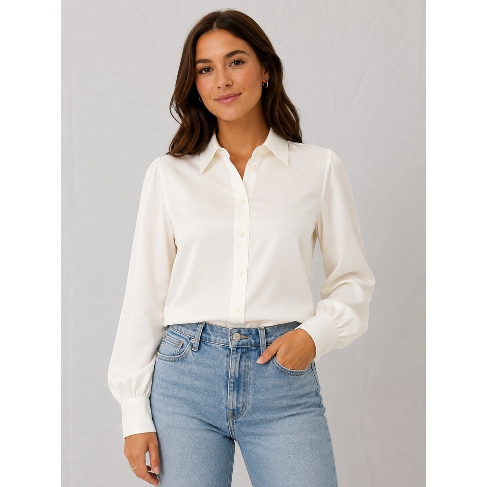 Frame Womens 100% Silk Long Sleeve Button Down Blouse Blanc White LWSH1217S XL